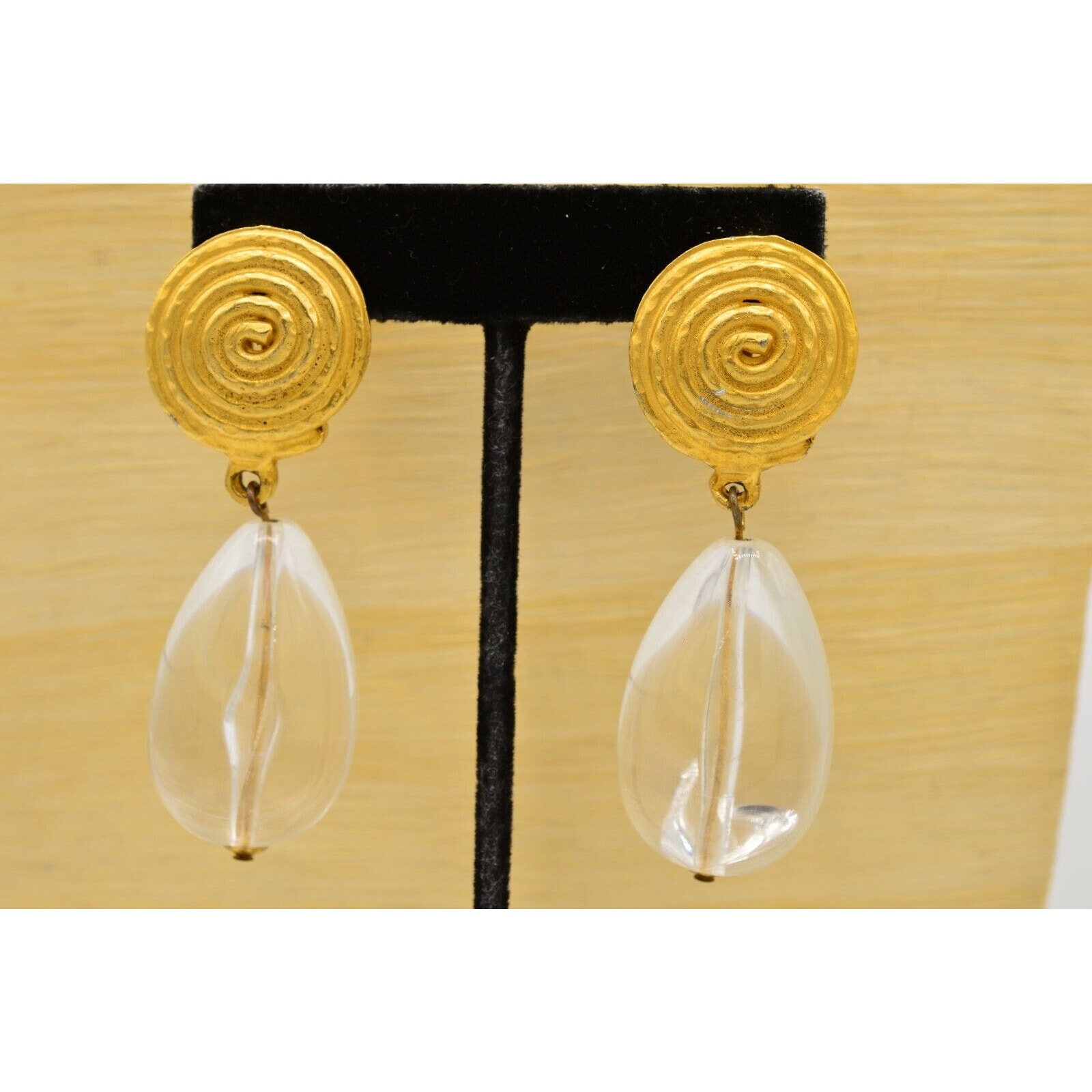 Graziano Vintage Clip Earrings Brushed Gold Dangle Clear Lucite Signed 80s Binx 90$